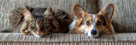 The photo shows two dogs and a cat sitting together on a couch. The fluffy tabby cat is sitting in the middle, while the gentle dogs are on either side. The animals appear relaxed and content as they share the space.の素材