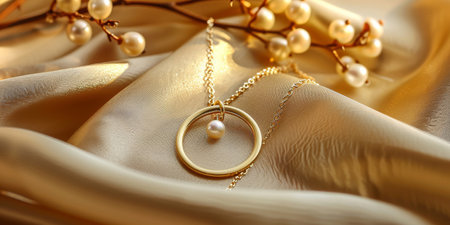 This close-up photo showcases a classic necklace laid on a textured cloth, highlighting the intricate details and elegance of the jewelry piece.の素材