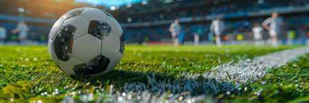 A classic black and white soccer ball is positioned on top of a vibrant, well-maintained green field. The ball is stationary, suggesting a moment of rest or preparation before gameplay.の素材