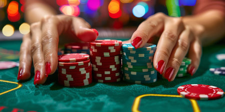 A close-up photo of a womans hands carefully stacking a pile of red poker chips on a table. The woman is focusing intently on her task, creating a neat, organized arrangement of the chips.の素材