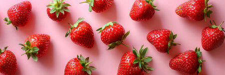 A group of vibrant and ripe strawberries arranged on a bright pink background. The juicy red berries stand out against the colorful backdrop, creating a visually appealing composition.の素材