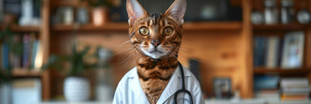 A Bengal cat is dressed in a white doctors coat and wearing a stethoscope around its neck, appearing to be ready for medical duties. The feline exudes an air of professionalism as it poses in the outfit.の素材