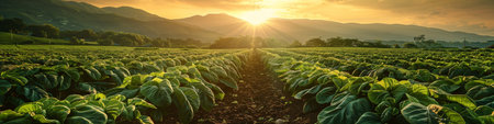 A field of green plants is illuminated by the setting sun in a vibrant farm scene. Rows of crops stretch into the distance under the colorful sky.の素材