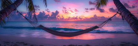 A hammock is securely tied between two tall palm trees on a sandy beach. The hammock sways gently in the breeze, inviting relaxation and a peaceful moment by the sea.の素材