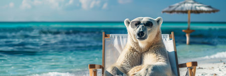 A polar bear is seen sitting in a chair on a sandy beach. The bear appears relaxed and comfortable in the unusual setting.の素材