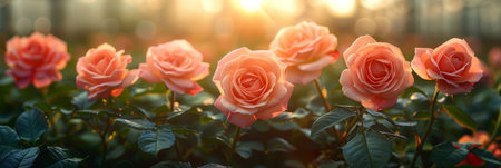 A bunch of pink roses is blooming in a sunlit greenhouse. The vibrant flowers are opening their petals and reaching towards the sunlight to grow and thrive.の素材