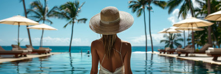A woman dressed in a white dress and straw hat stands confidently in front of a pristine swimming pool at a resort setting.の素材