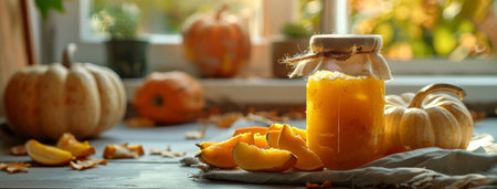 A glass jar filled with pumpkin jar is placed on top of a wooden table. The morning light softly illuminates the scene.の素材