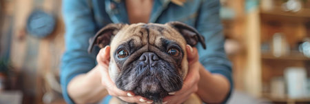 A person gently cradling a small pug dog in their hands, showing care and affection towards the pet. The dog looks comfortable and content in the persons grasp.の素材