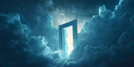 This photo captures an open door suspended in the middle of a sky filled with fluffy cumulus clouds. The door appears surreal as it seemingly leads to the vast expanse of the sky beyond.の素材