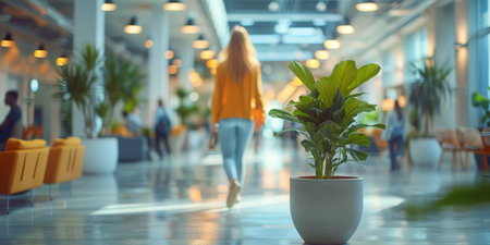 A woman is standing in an airport terminal, observing a collection of plants. She appears to be interested in the greenery while waiting for her flight.の素材