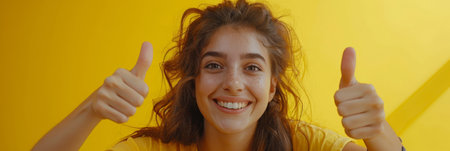 A young woman with brunette hair smiling and giving a thumbs up gesture, expressing positivity and approval. Her long hair cascades down her shoulders as she stands confidently.の素材