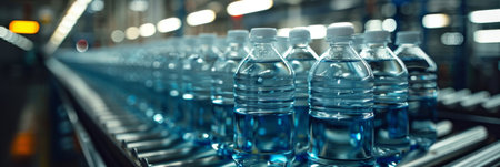 A row of bottled water bottles is moving along a conveyor belt on an industrial production line. The bottles are being transported for packaging and distribution.の素材