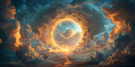 Alone door opening into the sky, encircled by soft, billowing clouds and a halo of divine light, with the contrasting serenity of a starry night sky.の素材