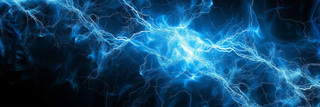 And intricate network of intense, glowing blue electricity arcing through a pitch-black space, resembling a scientific illustration of plasma.の素材