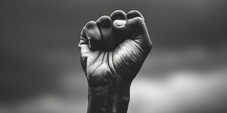 This black and white photo captures a person raising their fist in a powerful gesture. The image conveys strength, determination, and defiance.の素材