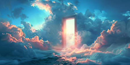 A open door pierces through the sky, surrounded by a sea of fluffy white clouds. The door stands prominently against the backdrop of the heavens, creating a striking contrast between man-made structure and natural elements.の素材