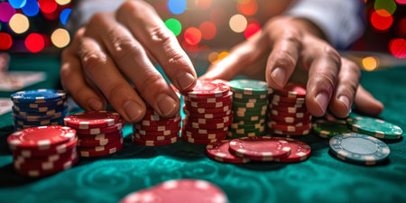 A close-up photo of a womans hands carefully stacking a pile of red poker chips on a table. The woman is focusing intently on her task, creating a neat, organized arrangement of the chips.の素材