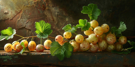 A close-up view of a bunch of fresh gooseberry hanging from a tree, bathed in sunlight. The vibrant red colors stand out against the green leaves in the background.の素材