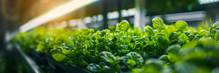 Lush green lettuce plants are neatly arranged in rows inside a greenhouse, where they are thriving under controlled environmental conditions for hydroponic farming. The plants are healthy and vibrant, showing signs of steady growth.の素材