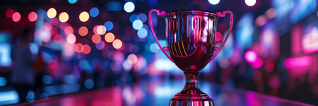 A photo of a dazzling esports award cup emitting light as it sits on top of a table. The trophy appears reflective and polished, creating a striking visual contrast against the table surface.の素材