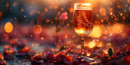 A glass filled with alcohol, likely a clear liquid, placed on top of a sturdy table surface. The detailed reflection of the drink can be seen on the table.の素材