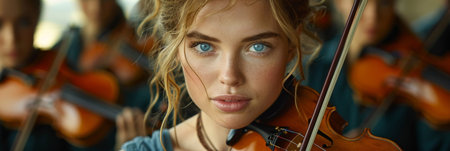 This photo captures a close-up of a woman playing the violin with striking blue eyes. Her hands are skillfully moving on the strings, creating beautiful music.の素材