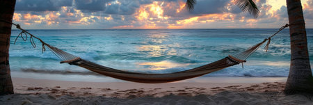 A hammock is securely tied between two tall palm trees on a sandy beach. The hammock sways gently in the breeze, inviting relaxation and a peaceful moment by the sea.の素材