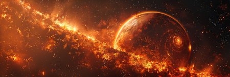 The image captures a planet partially engulfed in flames and lava, creating a dramatic fireball in the sky. The intense heat radiates outwards, illuminating the darkness of space with its fiery glow.の素材
