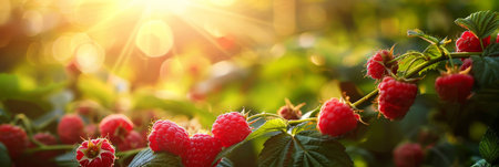 A photo capturing ripe raspberries growing on a bush with the sun shining in the background. The red berries stand out against the green leaves, basking in the sunlight.の素材