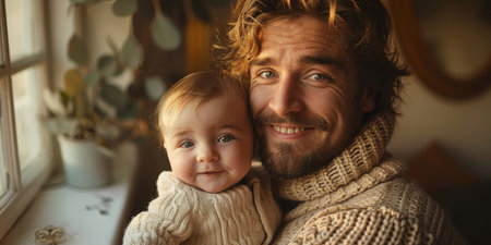 A man in a knitted sweater is smiling while holding a little girl in his arms. The father-daughter duo exudes love and happiness in this heartwarming moment.の素材