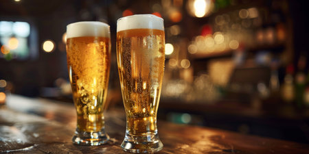 Two glasses of beer are placed on a wooden bar surface. The amber liquid inside the glasses reflects the light.の素材