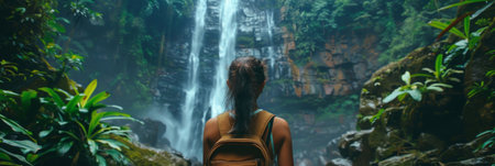 A young woman with a backpack standing in front of a powerful waterfall, experiencing the force of nature. The woman appears contemplative and adventurous as she takes in the majestic sight.の素材