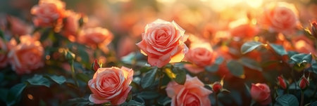 A bunch of pink roses is blooming in a sunlit greenhouse. The vibrant flowers are opening their petals and reaching towards the sunlight to grow and thrive.の素材