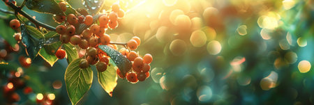 A cluster of ripe lingonberries hang from a sunlit tree branch, showing natures bounty in its natural habitat. The vibrant red berries contrast against the green foliage, ready for harvesting.の素材
