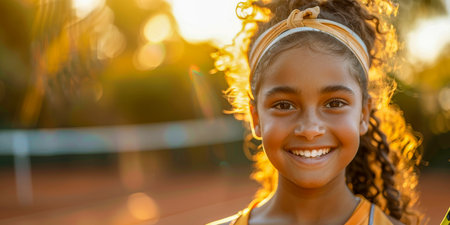 An outdoor tennis court at sunset, where a smiling young girl with a headband and tennis attire stands ready to play, the sunlight highlighting her silhouette as she holds up her racket.の素材