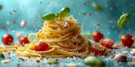 A plate filled with a pile of spaghetti noodles topped with fresh tomatoes and basil leaves. The vibrant red and green colors stand out against the pasta, creating an appetizing and flavorful dish.の素材