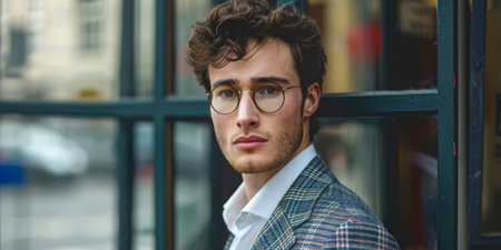 A photo capturing a fashionable man wearing glasses as he sits in front of a window, gazing outside.の素材