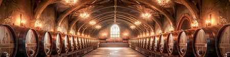 This image shows a very large room with numerous wooden barrels, likely used for storing vintage wine. The room features a towering window that lets in plenty of natural light, creating a spacious and airy atmosphere.の素材