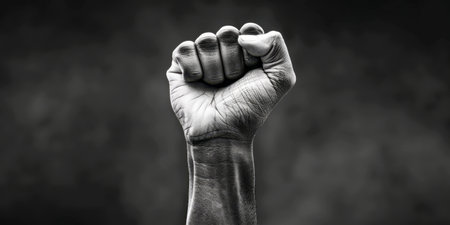 This black and white photo captures a powerful fist clenched tightly. The contrast between light and dark highlights the strength and determination conveyed by the clenched hand.の素材