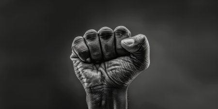 This black and white photo captures a person raising their fist in a powerful gesture. The image conveys strength, determination, and defiance.の素材