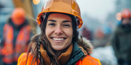 A woman is seen wearing a hard hat and safety vest, showing confidence in a construction setting. She is prepared for work and exhibits professionalism in her atmosphere.の素材