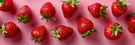 A group of vibrant and ripe strawberries arranged on a bright pink background. The juicy red berries stand out against the colorful backdrop, creating a visually appealing composition.の素材