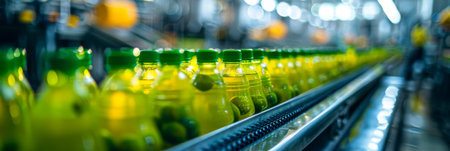 A line of lemonade bottles moving along a conveyor belt in a beverage factory. The bottles are being manufactured and packaged for distribution.の素材