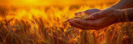 A close-up of a farmers hands holding a piece of wheat while standing in a field of ripe wheat. The hands are cradling the rope gently as they work in the agricultural setting.の素材