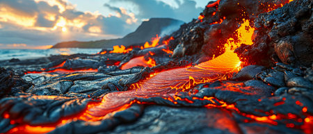 Molten Lava Flow on Rugged Volcanic Landscape. Fiery molten lava flows through a dark, cooled volcanic terrain, showcasing the raw power of nature.の素材