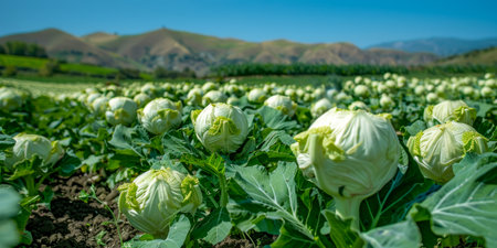 A group of white cabbage heads are seen growing in a vast field under the clear sky. The cabbage heads are fully matured and ready for harvesting by farmers.の素材