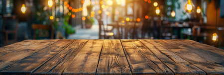 A detailed wooden table is shown with multiple lights hanging from it, creating a cozy and inviting atmosphere. The lights cast a warm glow, adding a touch of charm to the space.の素材