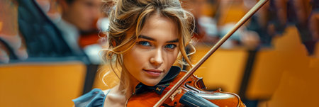 This photo captures a close-up of a woman playing the violin with striking blue eyes. Her hands are skillfully moving on the strings, creating beautiful music.の素材