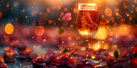 A glass filled with alcohol, likely a clear liquid, placed on top of a sturdy table surface. The detailed reflection of the drink can be seen on the table.の素材